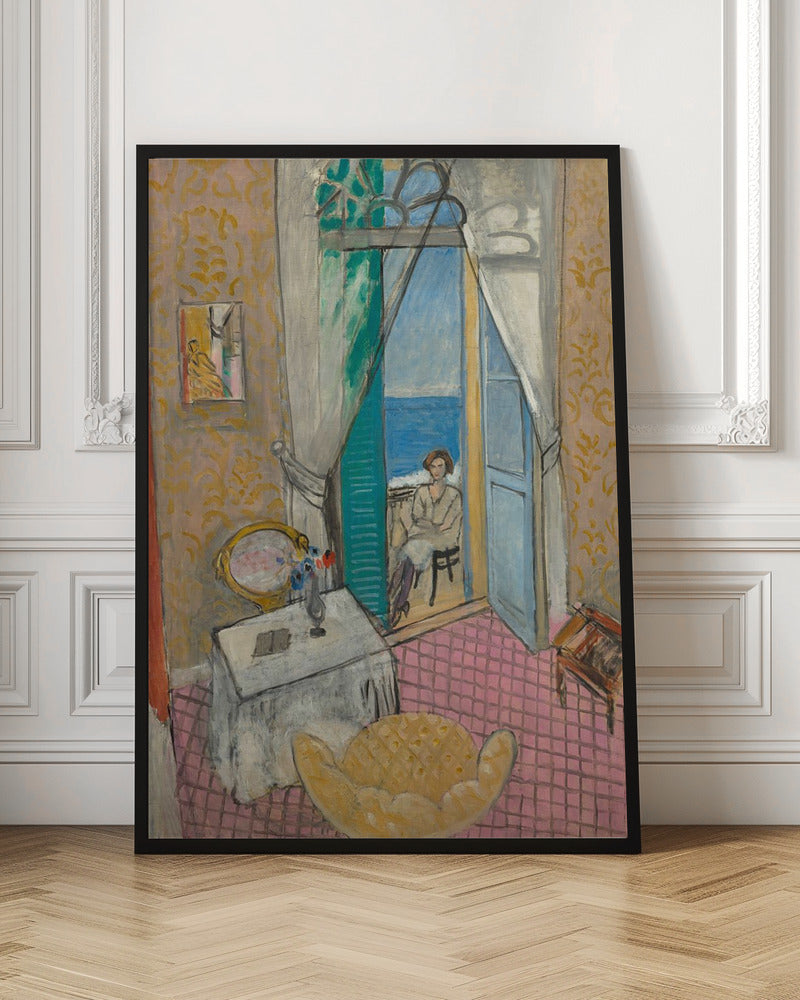 A vibrant Fauvist painting by Henri Matisse, 'Interior at Nice', depicting a room with pink tiled floors and yellow patterned wallpaper. An open french door reveals a woman sitting on a balcony overlooking a bright blue sea. Decor