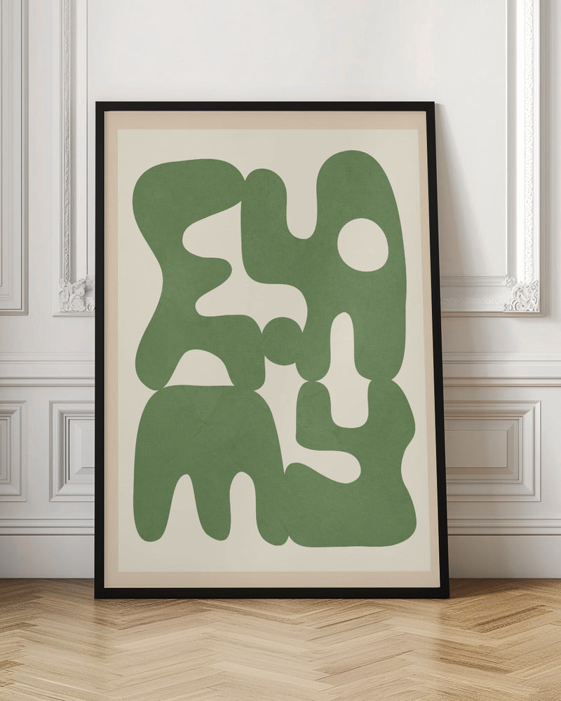 A framed abstract art print featuring large, organic, sage green shapes with soft, rounded edges against a solid cream background. The shapes interlock and create intriguing negative spaces, giving the composition a modern and balanced feel. Poster