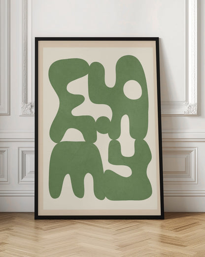 A framed abstract art print featuring large, organic, sage green shapes with soft, rounded edges against a solid cream background. The shapes interlock and create intriguing negative spaces, giving the composition a modern and balanced feel. Poster