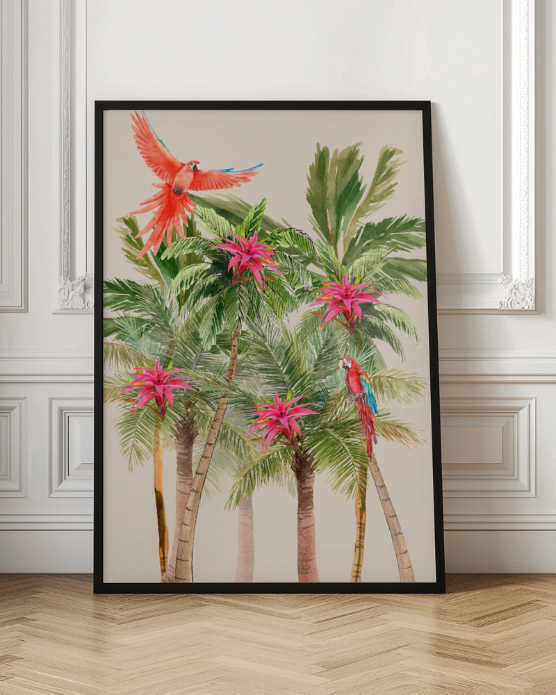 A watercolor painting of a tropical scene featuring several palm trees with bright pink bromeliad flowers. A vibrant red macaw is in flight at the top left, and another red and blue macaw is perched on a palm frond on the right, all set against a light beige background. Wall Art