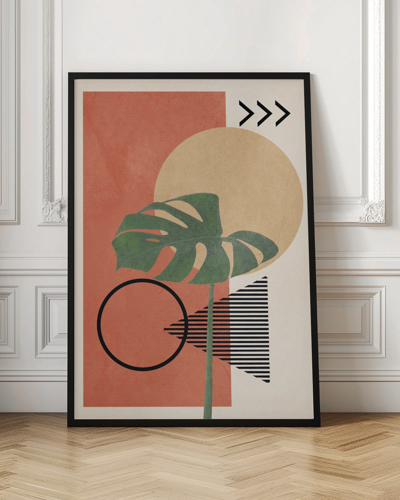 A modern abstract art print featuring a large green monstera leaf overlaid on a collection of geometric shapes. The background includes a terracotta rectangle, a large beige circle, and a cream-colored area with a striped triangle and three chevrons. A black outline of a circle sits in the lower left. Print