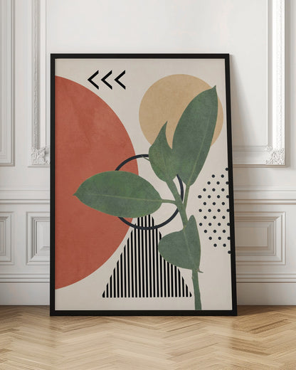 A modern abstract art print featuring a green leafy plant overlaid on a collage of geometric shapes, including a large terracotta circle, a beige circle, a black and white striped triangle, and a pattern of black dots, all on a cream background. Print