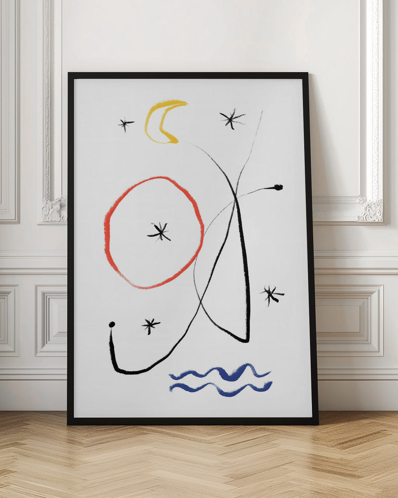 A minimalist abstract painting with a white background, featuring whimsical shapes in primary colors. There is a hand-drawn red circle, a yellow crescent moon, several black asterisk-like stars, and fluid black lines. At the bottom, two wavy blue lines suggest water. Artwork