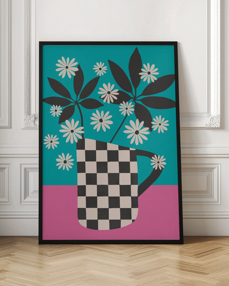A graphic illustration of stylized white daisies and dark leaves in a black and white checkered vase, set against a color-blocked background of vibrant teal and pink. Wall Art