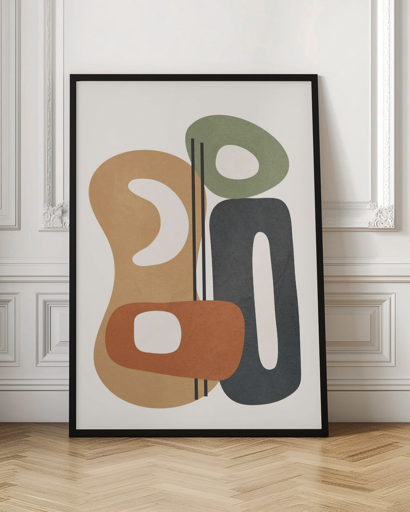 A modern abstract painting featuring a collection of overlapping organic shapes in muted tones of brown, terracotta, sage green, and dark gray. The shapes, which have rounded corners and internal cutouts, are arranged vertically on a cream-colored background, with two thin black lines dissecting the center. Wall Art
