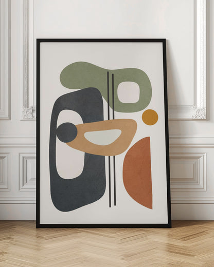 A framed abstract art piece featuring a collection of overlapping organic shapes in muted earth tones of sage green, dark grey, ochre, and terracotta. The shapes, some with cutouts, are arranged vertically against a light cream background, with three thin black vertical lines dissecting the composition. Poster