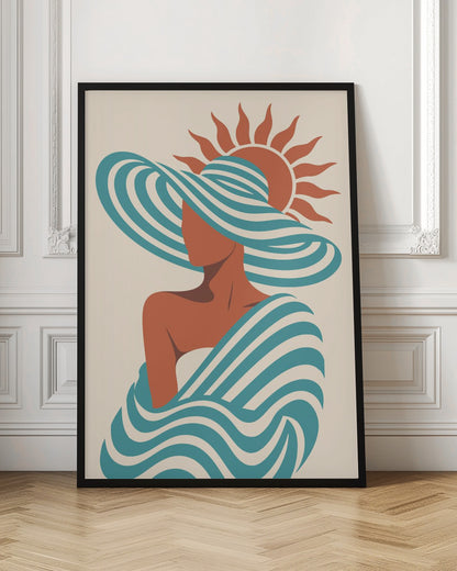 A minimalist art print of a faceless woman in a large, blue and white striped sun hat, wrapped in a matching striped shawl, with a stylized orange sun in the background against a cream-colored backdrop. Decor