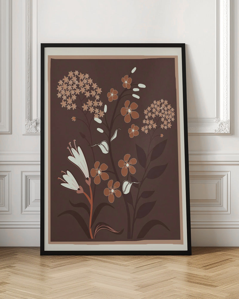 A modern botanical illustration featuring stylized flowers in shades of rust, cream, and light brown against a deep brown background. The framed artwork showcases a variety of floral shapes, including trumpet flowers and small clustered blossoms, in a simple, elegant composition. Artwork