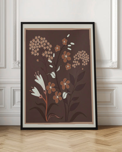 A modern botanical illustration featuring stylized flowers in shades of rust, cream, and light brown against a deep brown background. The framed artwork showcases a variety of floral shapes, including trumpet flowers and small clustered blossoms, in a simple, elegant composition. Artwork