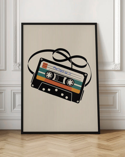 A retro-style illustration of a black cassette tape with an unspooled black magnetic tape looping behind it. The cassette has orange and teal stripes and is labeled 'Mixtape no 11' in blue handwriting, all set against a cream background and enclosed in a thin black frame. Print