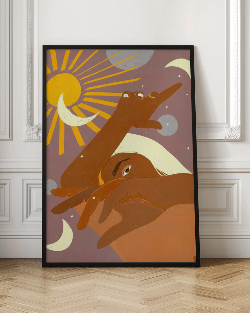 A stylized illustration of a brown-skinned person with light hair, partially obscuring their face. One arm reaches towards a radiant yellow sun, surrounded by crescent moons and planets against a dusky purple sky, creating a celestial and introspective scene. Artwork
