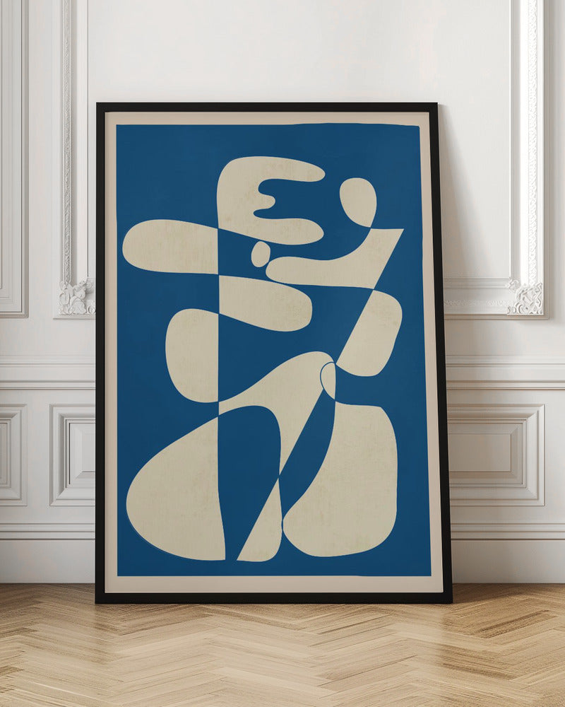 A modern abstract art print in a thin black frame. The composition features a bold royal blue background with a large, interlocking biomorphic shape in a creamy off-white color. The shape is fluid and complex, with soft curves and rounded forms that twist and connect throughout the frame. Decor