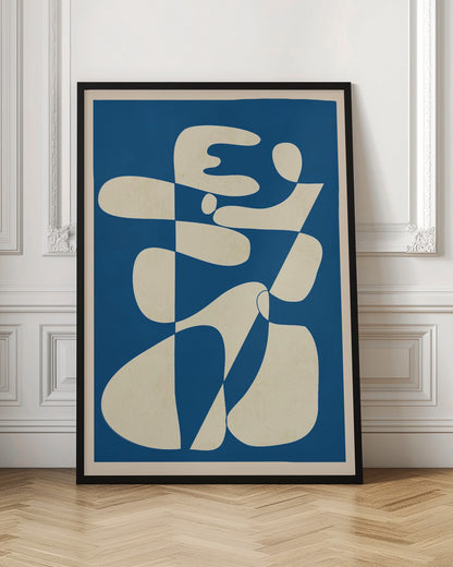 A modern abstract art print in a thin black frame. The composition features a bold royal blue background with a large, interlocking biomorphic shape in a creamy off-white color. The shape is fluid and complex, with soft curves and rounded forms that twist and connect throughout the frame. Decor