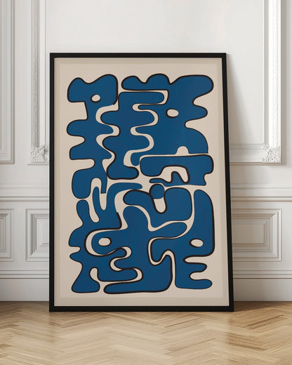 An abstract art print featuring a collection of bold, interlocking blue organic shapes with black outlines, creating a puzzle-like composition on a cream-colored background. The artwork is framed in black. Poster