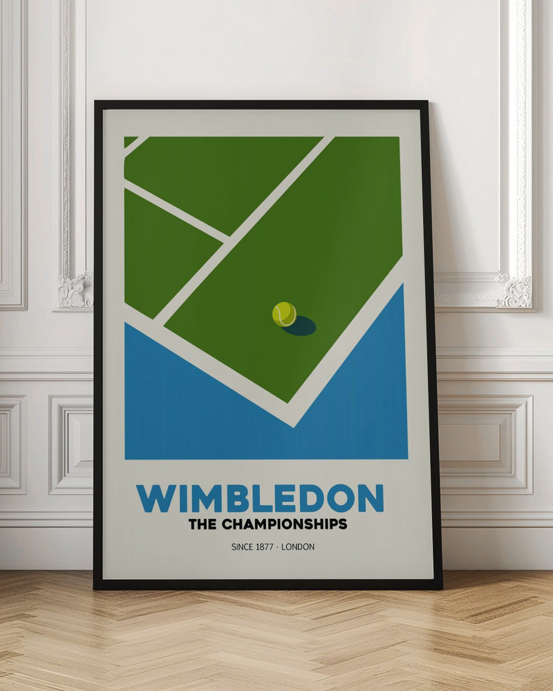 A minimalist art poster for the Wimbledon tennis championships. It features a stylized, high-angle view of a green grass court with white lines and a single tennis ball. The poster has text at the bottom that reads 'WIMBLEDON THE CHAMPIONSHIPS SINCE 1877 - LONDON' in blue and black font against a cream background. Poster