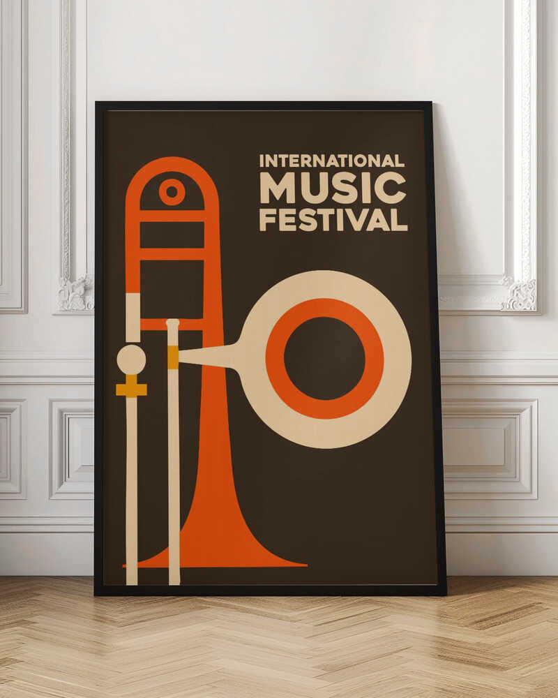 A vintage-style poster for an International Music Festival, featuring a minimalist graphic illustration of a trombone in orange and cream against a dark brown background. The text is in a cream-colored sans-serif font in the upper right. Poster