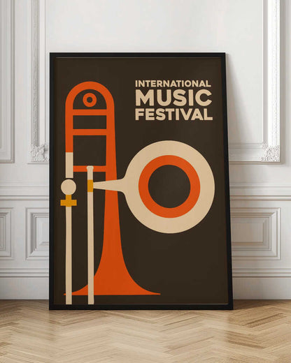 A vintage-style poster for an International Music Festival, featuring a minimalist graphic illustration of a trombone in orange and cream against a dark brown background. The text is in a cream-colored sans-serif font in the upper right. Poster