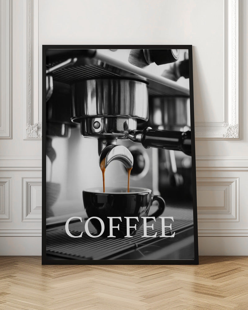 A selective color, black and white close-up photograph of an espresso machine pouring two streams of rich brown espresso into a black coffee cup. The word 'COFFEE' is overlaid in large white capital letters at the bottom of the image. Poster