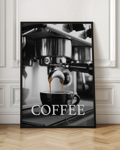 A selective color, black and white close-up photograph of an espresso machine pouring two streams of rich brown espresso into a black coffee cup. The word 'COFFEE' is overlaid in large white capital letters at the bottom of the image. Poster