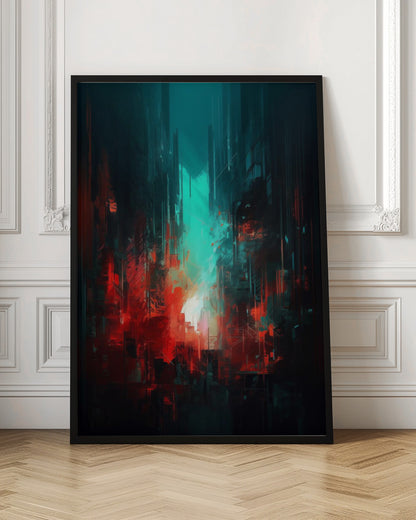 An abstract digital painting of a futuristic city. Tall, dark vertical shapes resembling skyscrapers are contrasted by a glowing teal light in the center and vibrant, chaotic red brushstrokes in the foreground, creating a moody and dramatic urban scene. Print