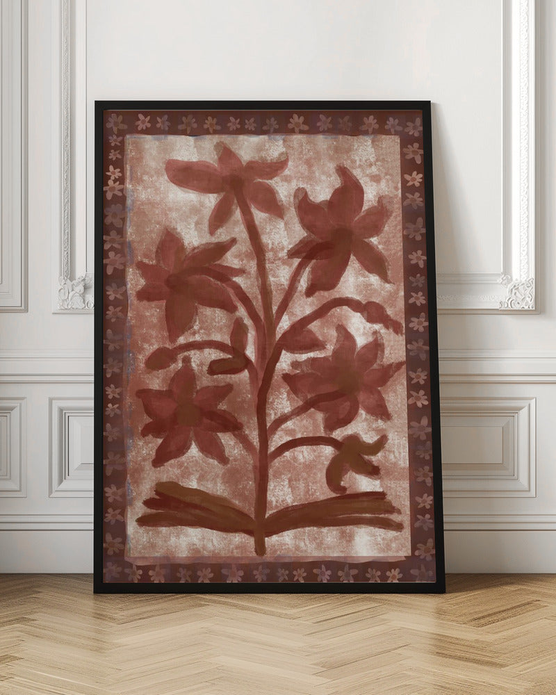 A vintage-style painting of a stylized, red-brown flowering plant with multiple blossoms on a textured beige background. The central image is surrounded by a dark brown border decorated with a repeating pattern of small flowers. The entire piece has a rustic, hand-painted aesthetic and is displayed in a thin black frame. Wall Art