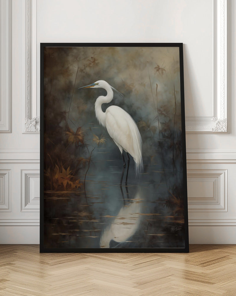 A realistic painting of a majestic white egret standing elegantly in still, dark water. Its reflection is cast below it, and the background is a moody, atmospheric marsh with muted brown and grey tones. The artwork is presented in a simple black frame. Decor