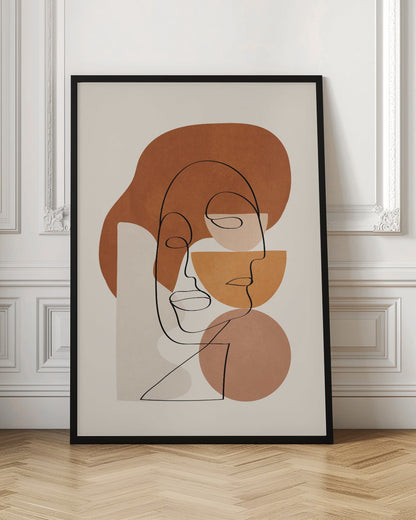 Abstract art print depicting stylized faces with a textured clay-like appearance, in warm earthy tones. Artwork
