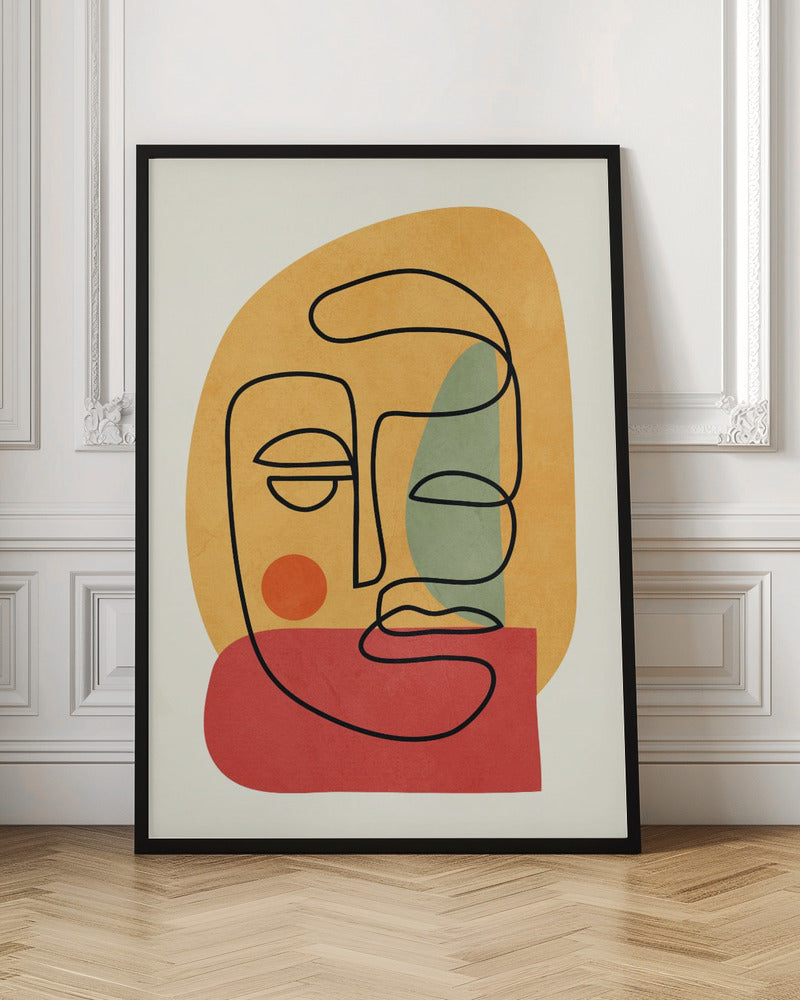A modern abstract art print featuring a continuous black line drawing of a face. The face is drawn over layered, textured shapes in muted orange, red, and sage green on an off-white background, all enclosed in a thin black frame. Poster