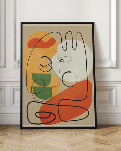 A modern abstract artwork featuring a single continuous black line that forms two stylized faces against a beige background. The composition includes colorful organic shapes in orange, yellow, green, and a large white circle, creating a minimalist and surreal feel. Wall Art