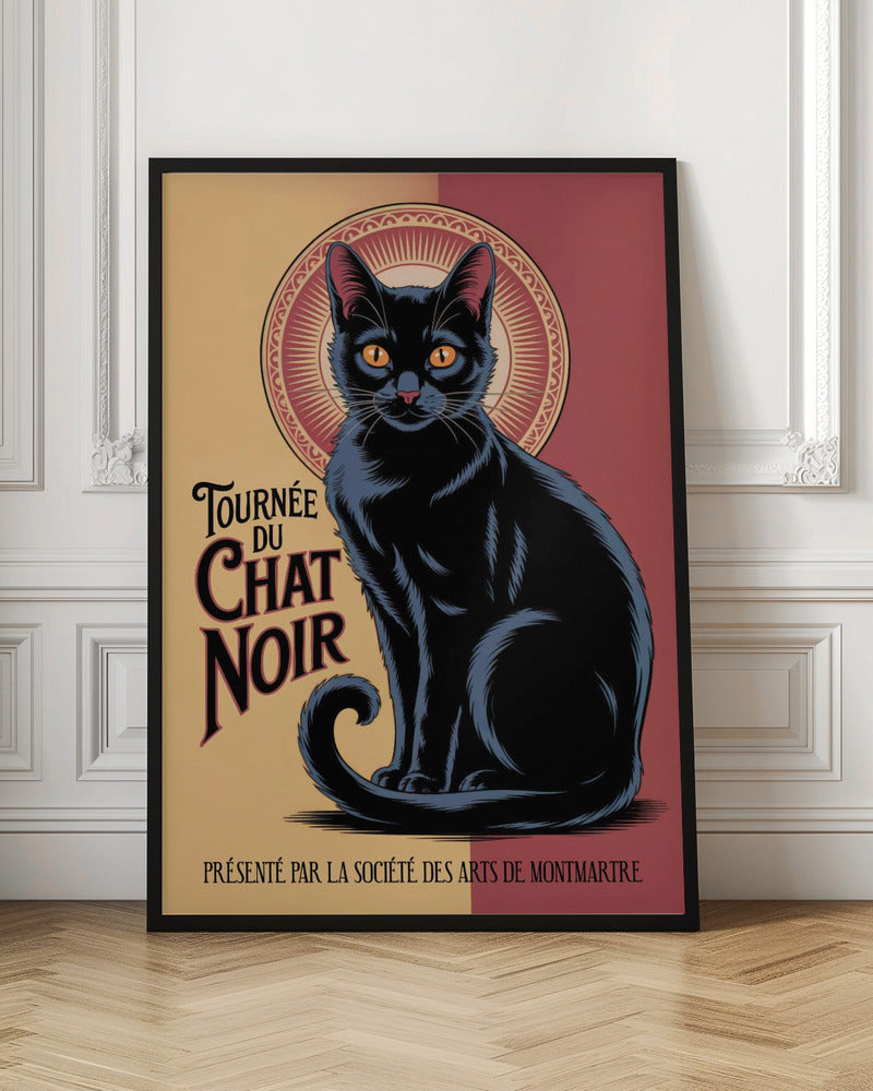 A vintage French poster titled 'Tournée du Chat Noir'. It features a large, stylized black cat with prominent orange eyes sitting against a circular, halo-like design. The background is split between pale yellow and deep red. The poster includes French text in an Art Nouveau style. Artwork