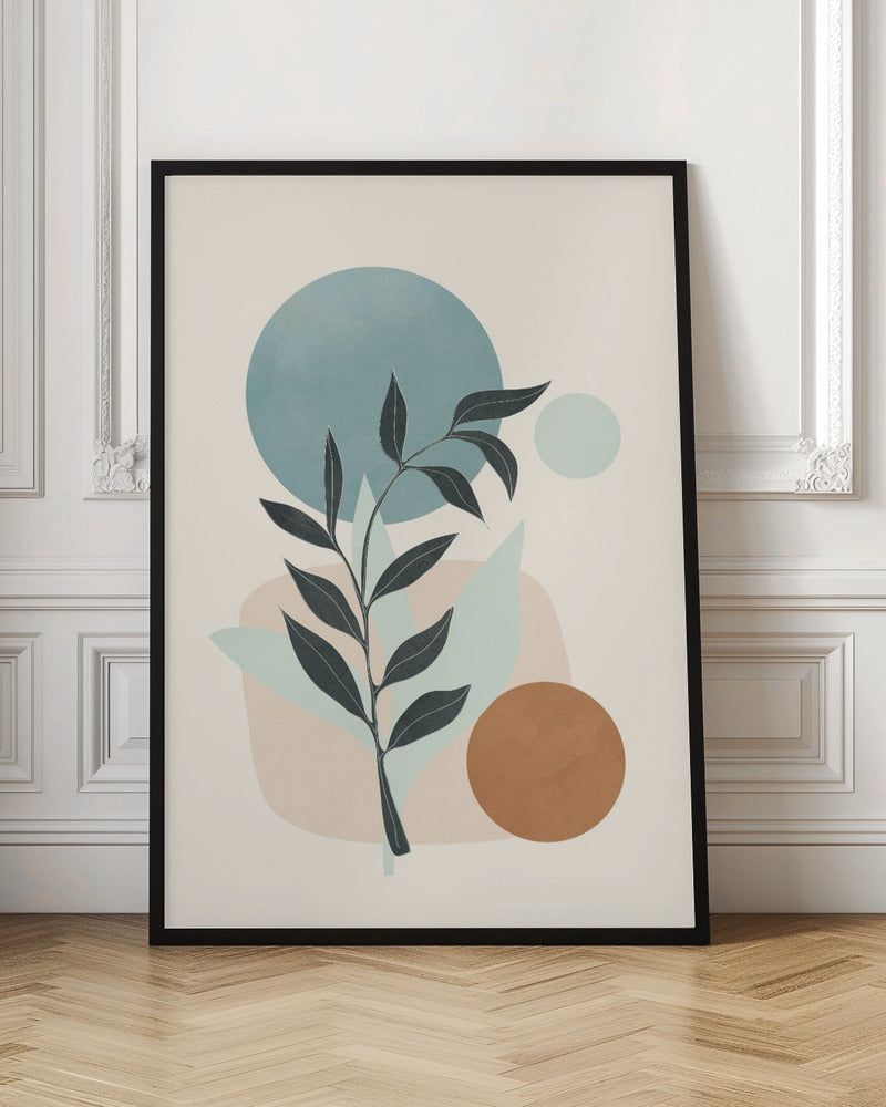 A minimalist abstract artwork featuring a dark silhouette of a plant stem with leaves, set against a background of geometric and organic shapes in muted blue, brown, and beige tones on a cream-colored canvas, all enclosed in a thin black frame. Decor