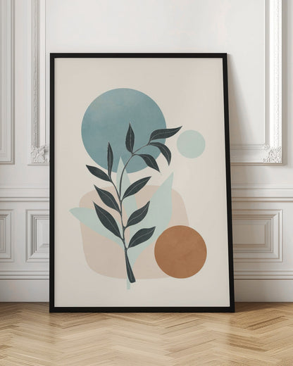 A minimalist abstract artwork featuring a dark silhouette of a plant stem with leaves, set against a background of geometric and organic shapes in muted blue, brown, and beige tones on a cream-colored canvas, all enclosed in a thin black frame. Decor