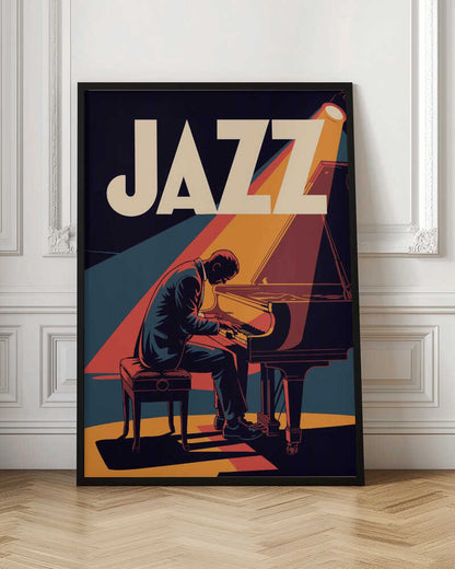 A vintage-style graphic poster featuring a man in a suit playing a grand piano under a spotlight. The word 'JAZZ' is written in large, bold, cream-colored letters at the top against a dark blue background. The color palette is dominated by navy blue, orange, red, and cream, creating a warm and dramatic atmosphere. Wall Art