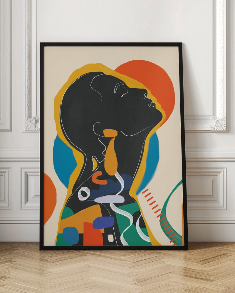 A modern abstract artwork of a person in profile, head tilted back with closed eyes. The figure is a black silhouette outlined in white and yellow, filled with a collage of colorful shapes in orange, blue, and green against a cream background with large orange and blue circles. Decor
