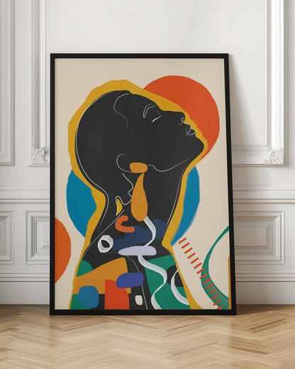 A modern abstract artwork of a person in profile, head tilted back with closed eyes. The figure is a black silhouette outlined in white and yellow, filled with a collage of colorful shapes in orange, blue, and green against a cream background with large orange and blue circles. Decor