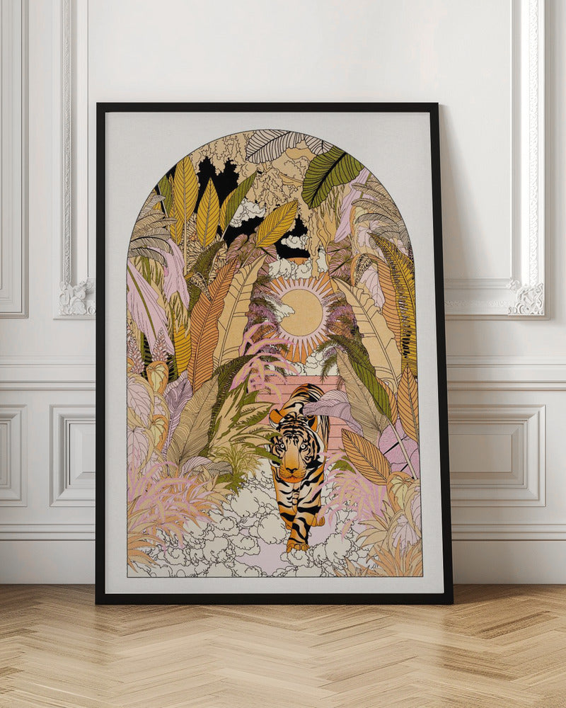 A stylized illustration within an arched frame showing a tiger emerging from a dense, colorful jungle. The foliage is rendered in shades of pink, yellow, orange, and green. In the background, a radiant sun is setting or rising, and the tiger is walking towards the viewer on a bed of white clouds. Print