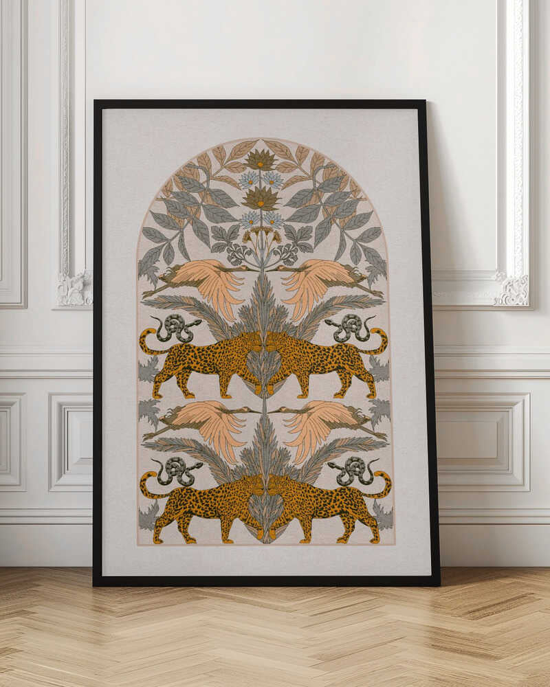 A vintage-style symmetrical illustration within a black frame, featuring mirrored pairs of leopards, snakes, and birds arranged vertically amidst stylized foliage and flowers, rendered in a muted palette of orange, sage green, and cream. Print