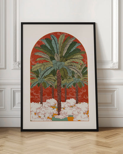 A vintage-style illustration in an arched format, featuring a grove of tall palm trees with detailed green fronds rising from a sea of stylized white clouds against a vibrant red-orange background. Print