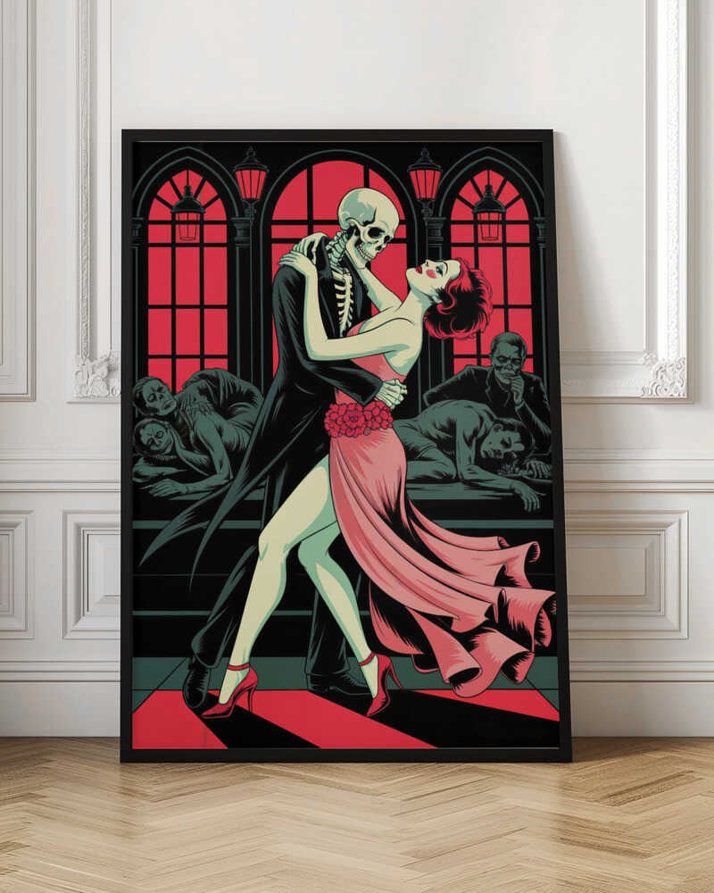 A graphic illustration depicting a skeleton in a black tuxedo dancing the tango with a woman in a flowing pink dress. The background features large, red-paned arched windows and other figures slumped over in a dark, atmospheric room. Decor
