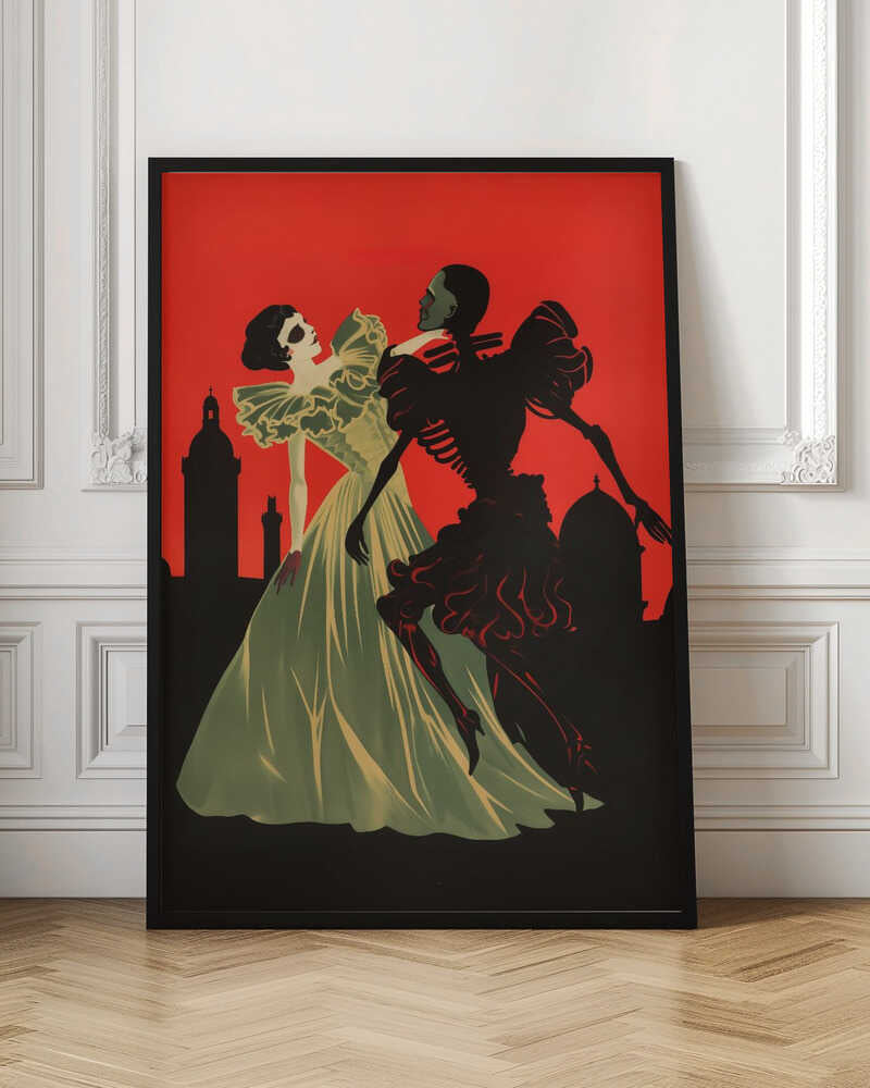 An Art Deco style illustration of a pale woman in a light green ball gown dancing with a black skeleton against a vibrant red sky. A black silhouette of a city skyline with domes and towers is visible in the background. Print