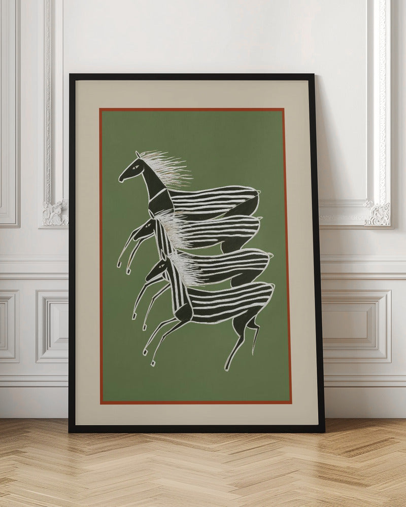 A stylized art print of three zebras running in a vertical formation against a sage green background. The zebras are black with white stripes and flowing white manes, depicted in a dynamic, graphic style. The print is framed with a terracotta and beige mat within a black frame. Poster
