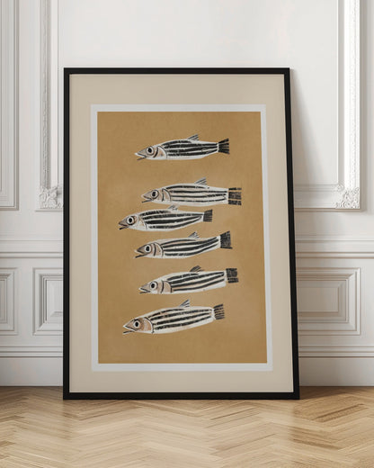 A framed art print featuring six stylized, black and white striped fish arranged in a vertical column against a tan background. The fish are all facing left with their mouths slightly open. Poster