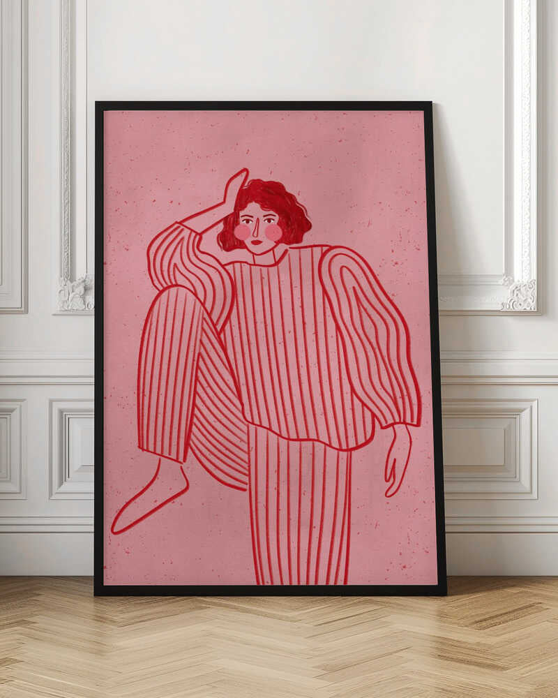 A graphic illustration of a woman with short red hair wearing red and pink striped pajamas. She is posed with one hand on her head and one leg raised, set against a textured pink background and framed in black. Artwork