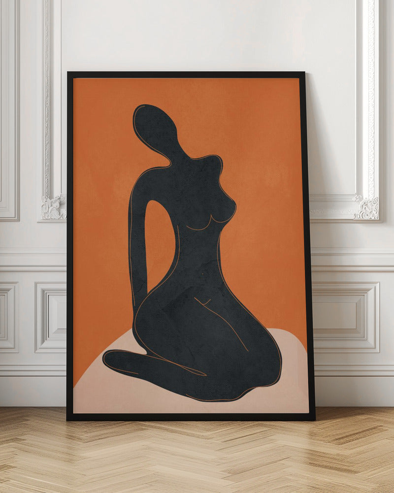A minimalist abstract art piece featuring a solid black silhouette of a seated female figure against a textured, bold orange background. The figure is posed gracefully, sitting on a light beige, curved surface. The entire piece is enclosed in a simple black frame. Print