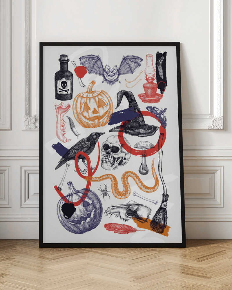 A vintage-style Halloween collage featuring hand-drawn illustrations of spooky elements. Included are jack-o'-lanterns, a witch's hat, a human skull, a crow, a bat, a poison bottle, bones, and a snake. The art uses a limited color palette of black, orange, red, and blue on a white background, with a sketch and cross-hatching style. Artwork