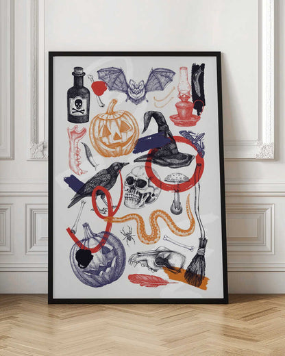 A vintage-style Halloween collage featuring hand-drawn illustrations of spooky elements. Included are jack-o'-lanterns, a witch's hat, a human skull, a crow, a bat, a poison bottle, bones, and a snake. The art uses a limited color palette of black, orange, red, and blue on a white background, with a sketch and cross-hatching style. Artwork