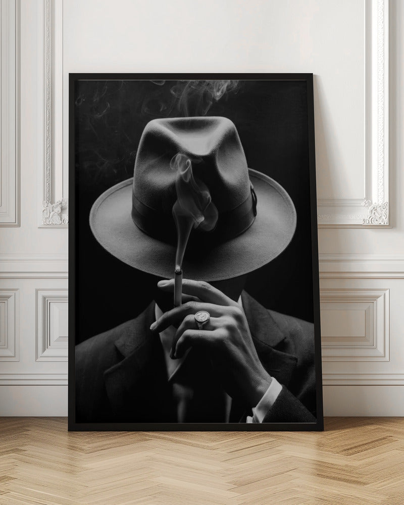 A dramatic black and white portrait of a person in a suit and fedora, their face obscured by the hat's shadow as they hold a lit cigarette with smoke curling upwards. Decor