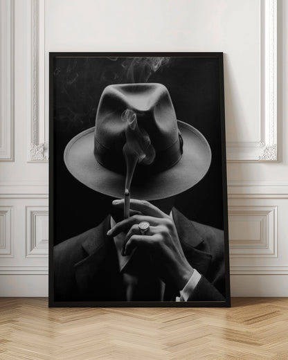 A dramatic black and white portrait of a person in a suit and fedora, their face obscured by the hat's shadow as they hold a lit cigarette with smoke curling upwards. Decor