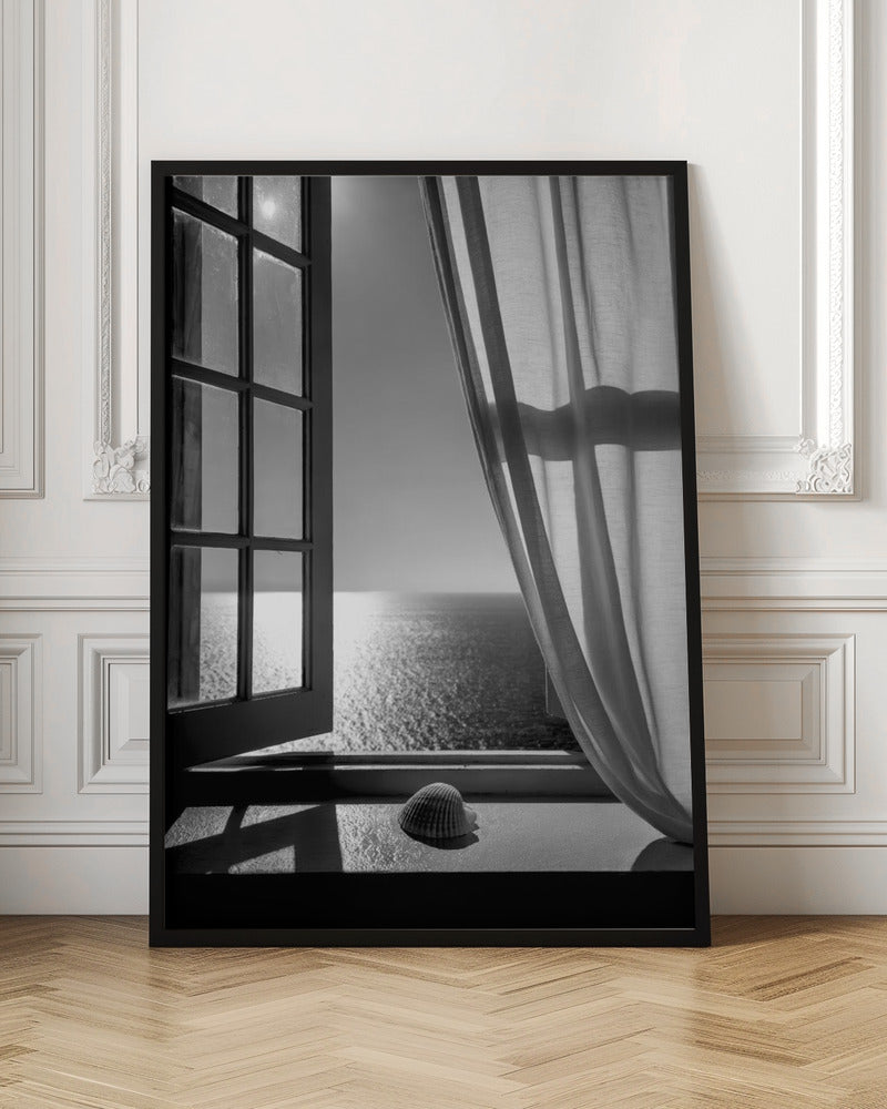 A serene black and white photograph looking out an open paned window at a sunlit ocean. A single seashell rests on the windowsill in the foreground, with shadows cast by the window frame. A light curtain hangs to the right, framing the tranquil sea view. Poster