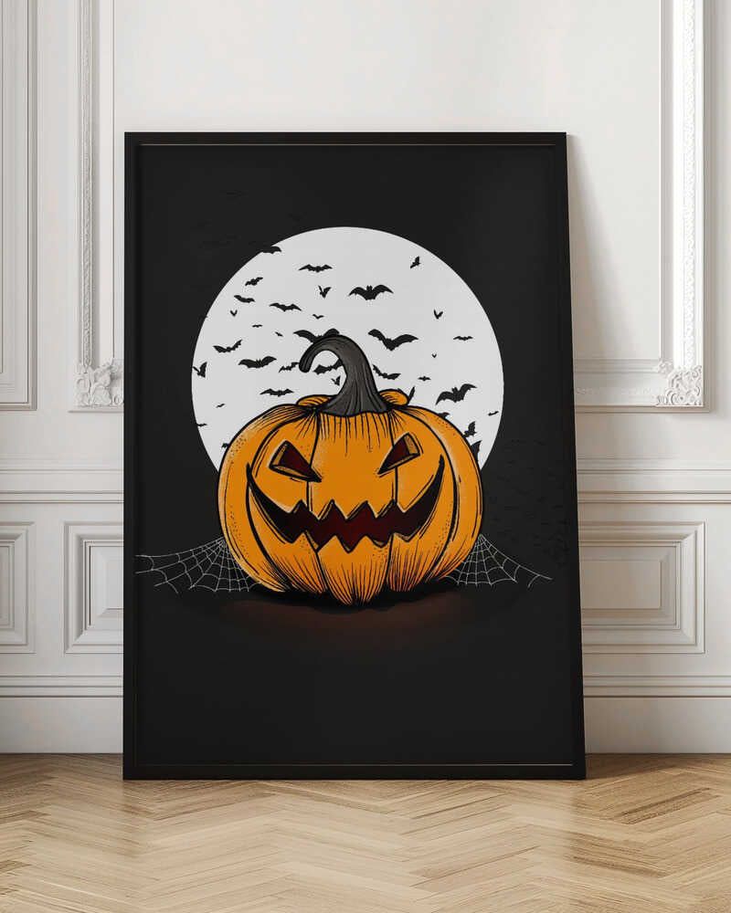 An illustration of a grinning orange jack-o'-lantern sitting in front of a large white full moon. A swarm of black bat silhouettes flies across the moon and the dark night sky. A spiderweb is visible on the ground next to the pumpkin. Poster
